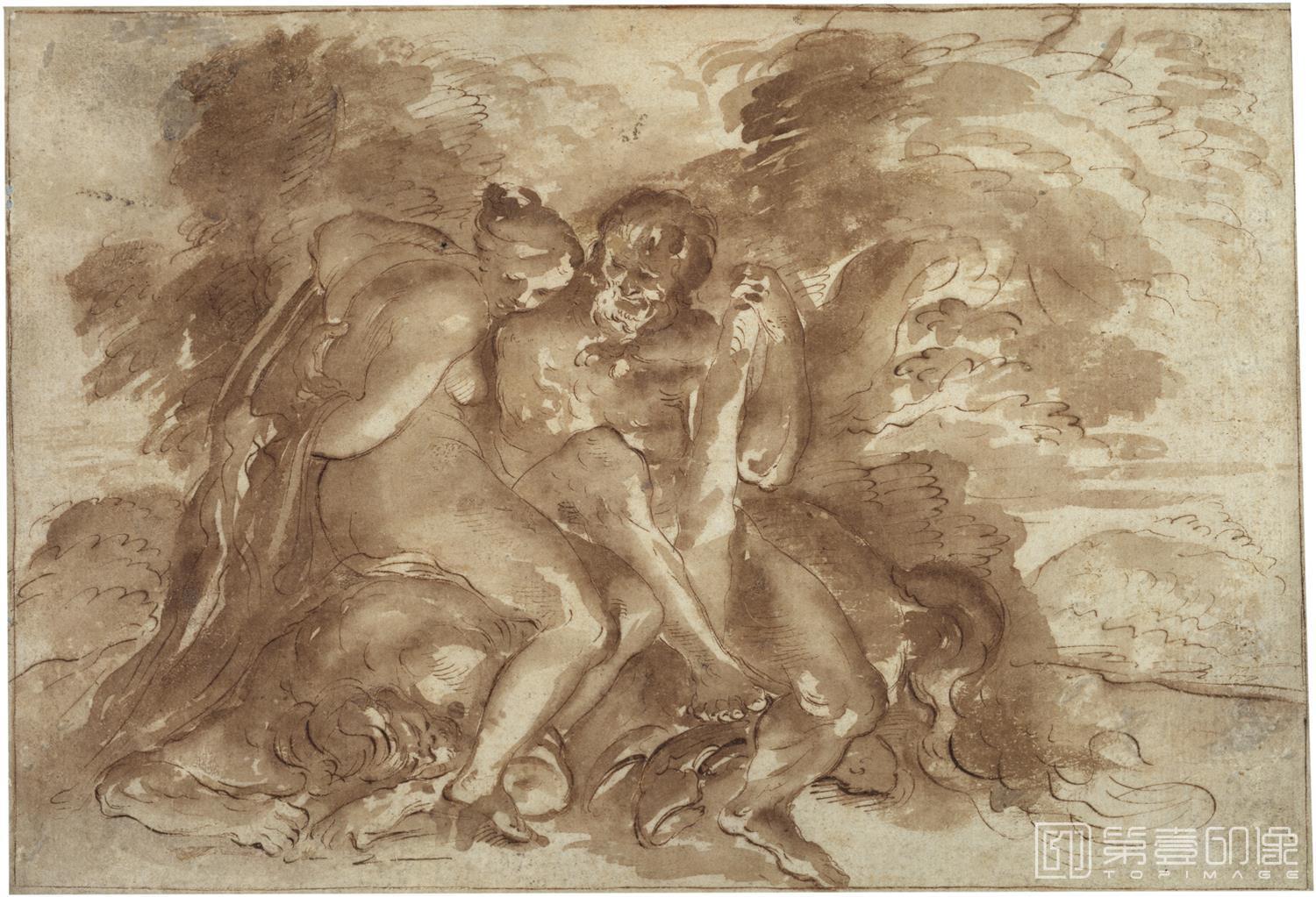 素描-西班牙普拉多美术馆素描藏画-Canuti, Domenico Maria-Hercules y Onfale-0775